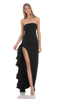 Lucy In The Sky Strapless Ruched Ruffle Maxi Dress in Black