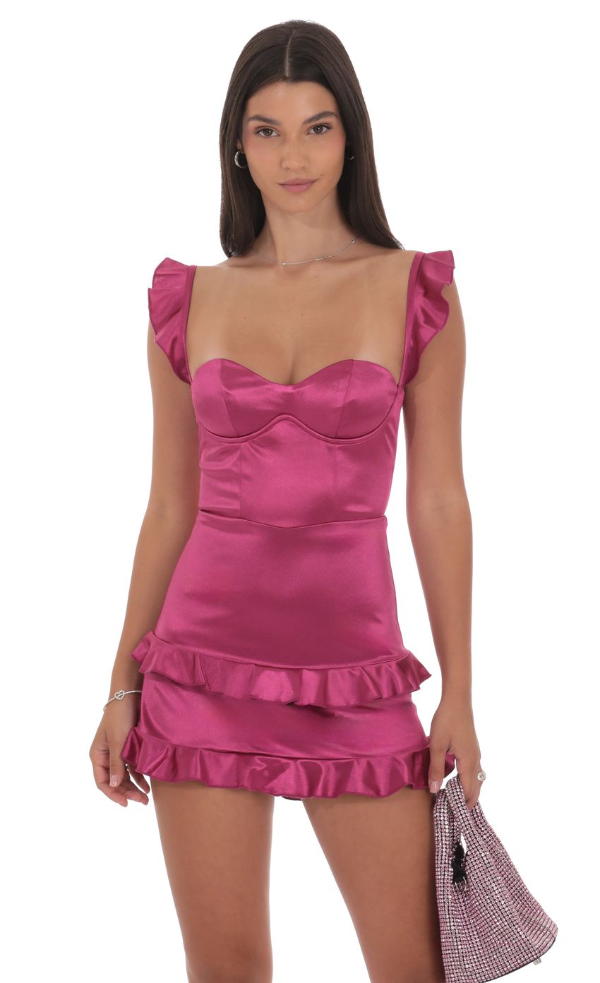Lucy In The Sky Satin Ruffle Bodycon Dress in Magenta