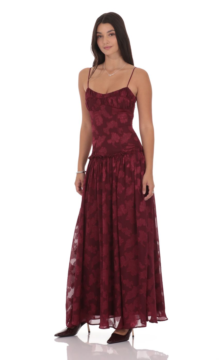 Lucy In The Sky Floral Chiffon Maxi Dress in Burgundy