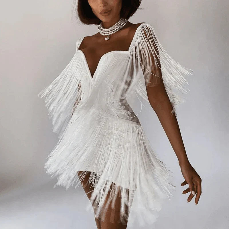 Mermaid Way Celestial Chic Tassel Off-Shoulder Mini Dress