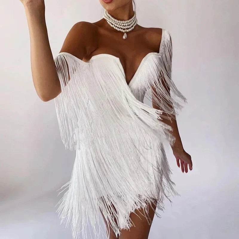 Mermaid Way Celestial Chic Tassel Off-Shoulder Mini Dress