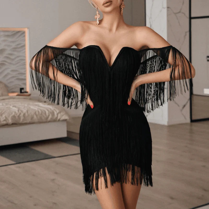 Mermaid Way Celestial Chic Tassel Off-Shoulder Mini Dress