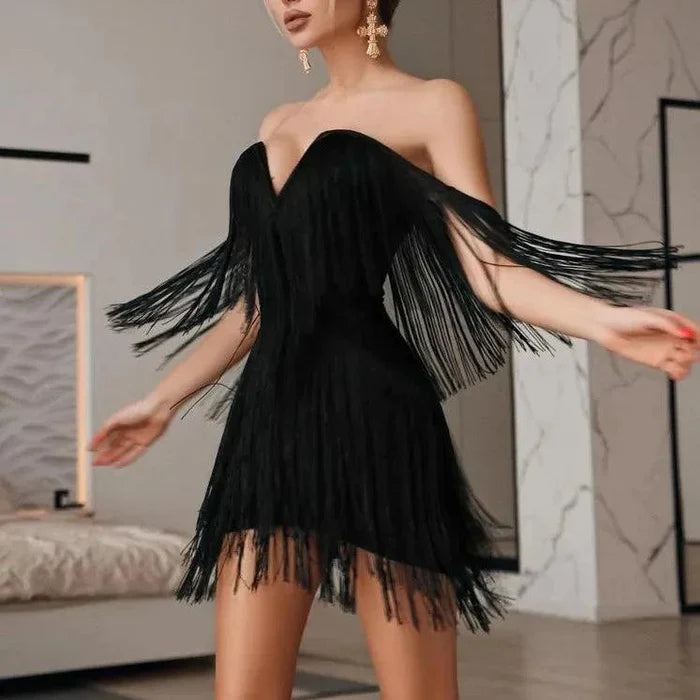 Mermaid Way Celestial Chic Tassel Off-Shoulder Mini Dress