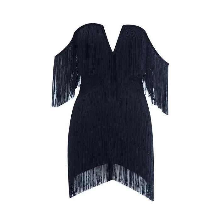 *Celestial Chic Black Tassel Off-Shoulder Mini Dress