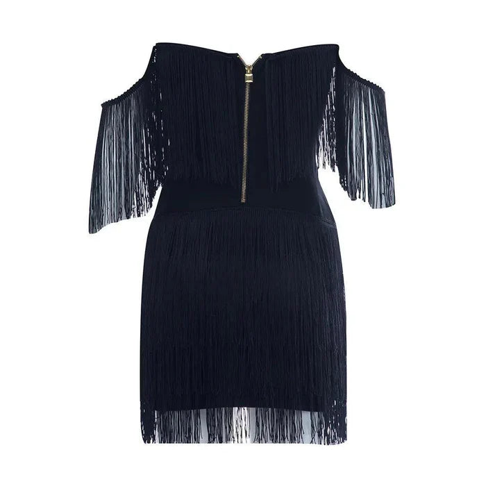 *Celestial Chic Black Tassel Off-Shoulder Mini Dress
