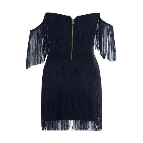 *Celestial Chic Black Tassel Off-Shoulder Mini Dress