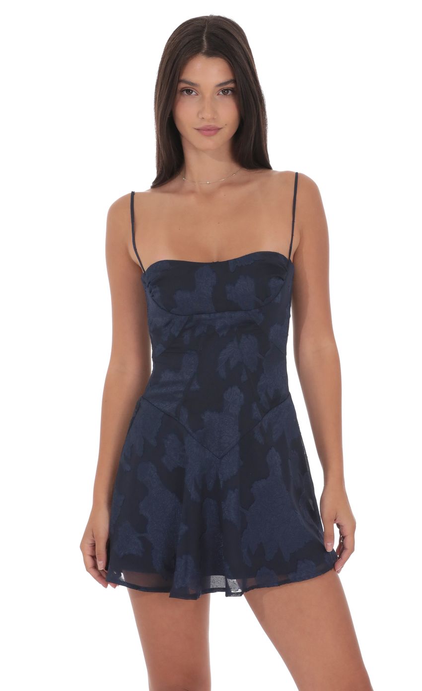 Lucy In The Sky Textured Floral A-line Dress in Navy