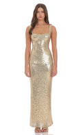 Lucy In The Sky Sequin Square Neck Fitted Maxi Dress in Gold