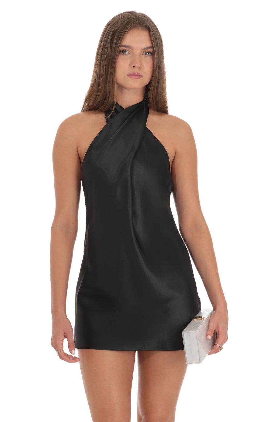 Lucy In The Sky Satin Cross Halter Dress in Black