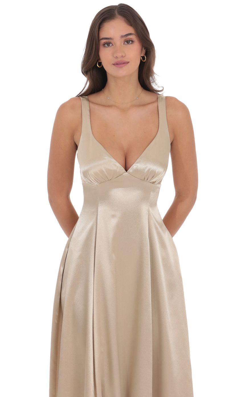 Lucy In The Sky Satin V-Neck Fit and Flare Maxi Dress in Gold