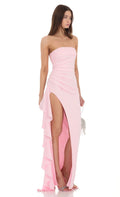 Lucy In The Sky Strapless Ruched Ruffle Maxi Dress in Pink