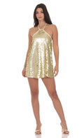 Lucy In The Sky Circle Sequin Halter Shift Dress in Gold