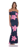 Lucy In The Sky Off Shoulder Pink Floral Maxi Dress in Navy