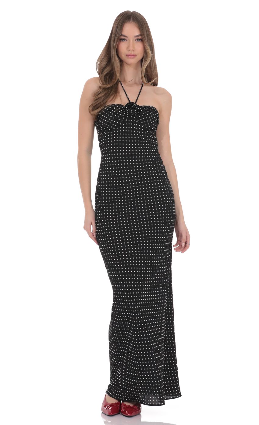 Lucy In The Sky Polka Dot Florette Halter Maxi Dress in Black