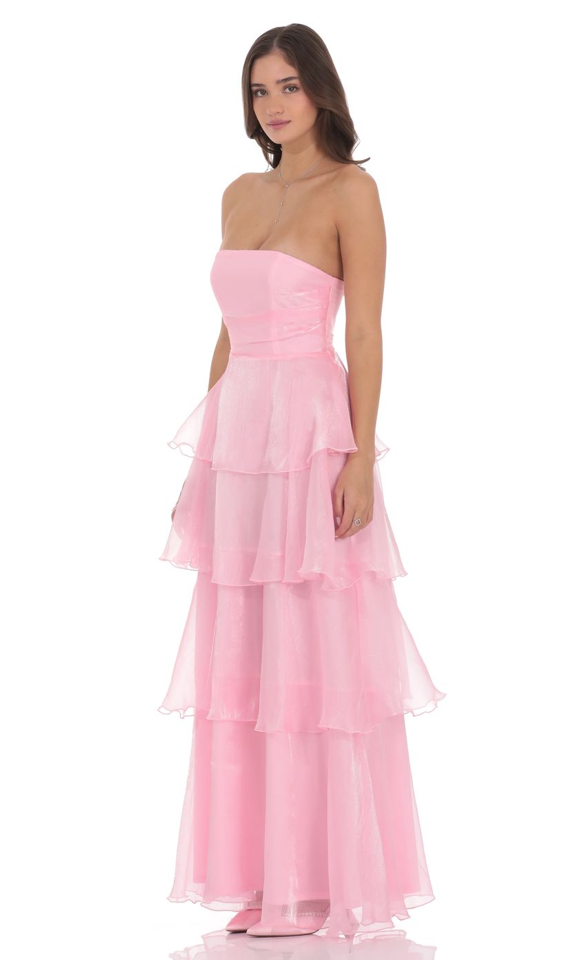 Lucy In The Sky Corset Ruffle Strapless Maxi Dress in Pink