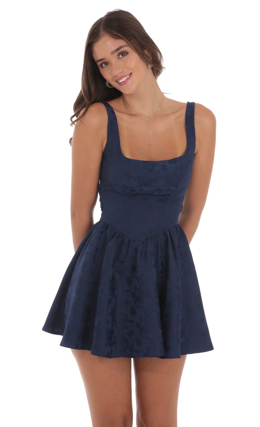 Lucy In The Sky Floral Jacquard Open Back Bow Dress in Navy