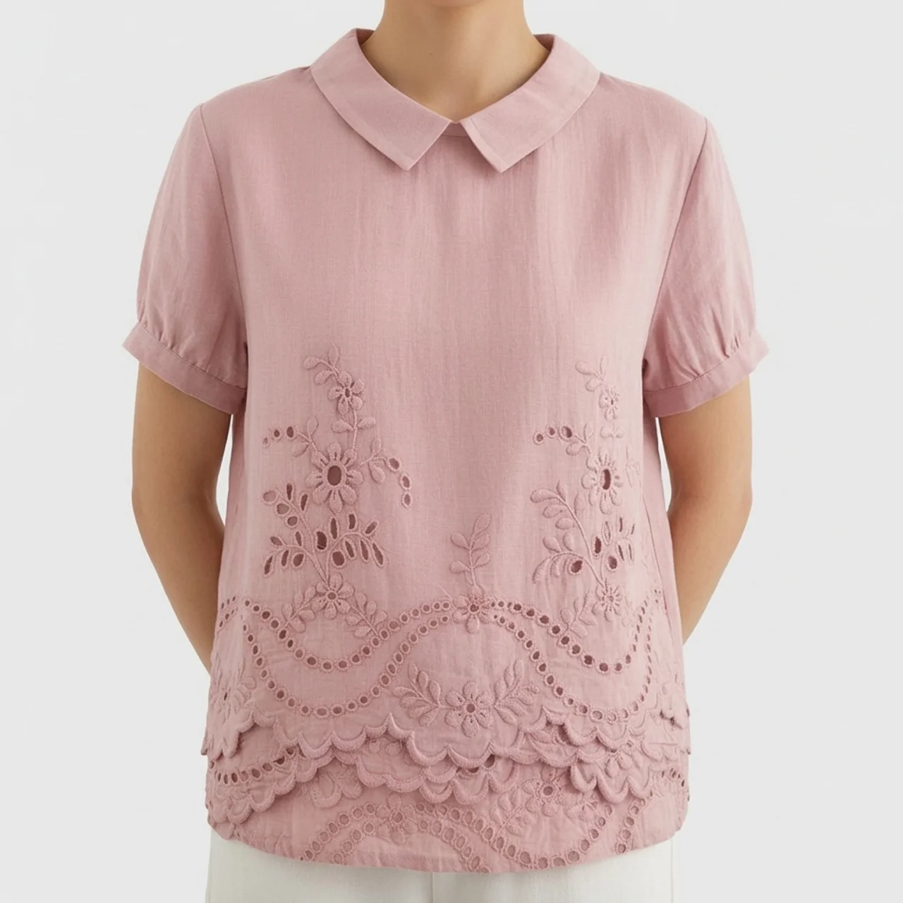 Nabalu Women’s Embroidered Blouse – Short Sleeve Collared Top