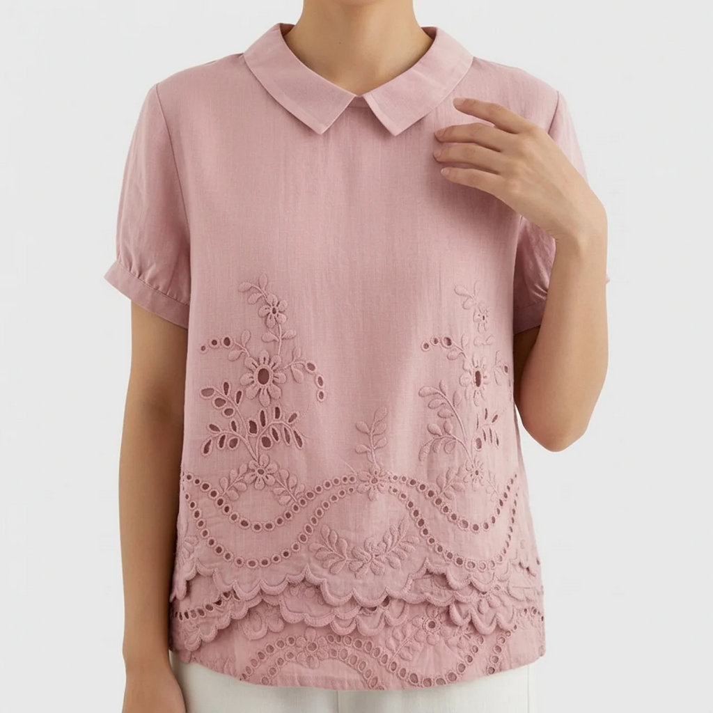 Nabalu Women’s Embroidered Blouse – Short Sleeve Collared Top