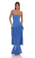 Lucy In The Sky Long Ruffle Maxi Dress in Blue