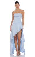 Lucy In The Sky Satin High Low Maxi Dress in Light Blue