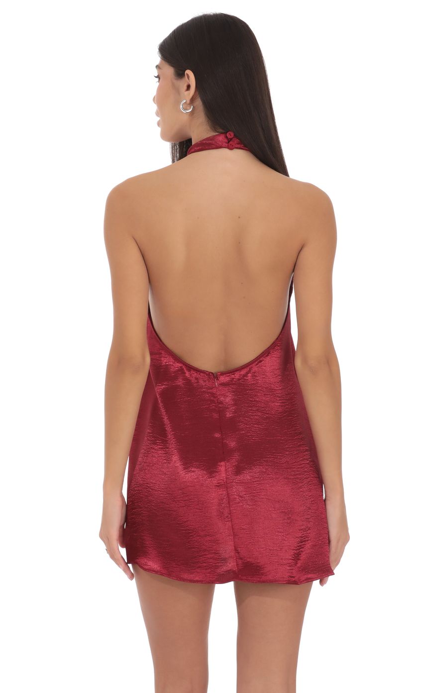 Lucy In The Sky Satin Halter Shift Dress in Maroon