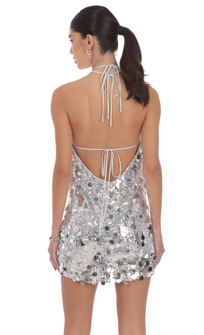 Lucy In The Sky Circle Sequin Halter Shift Dress in Silver