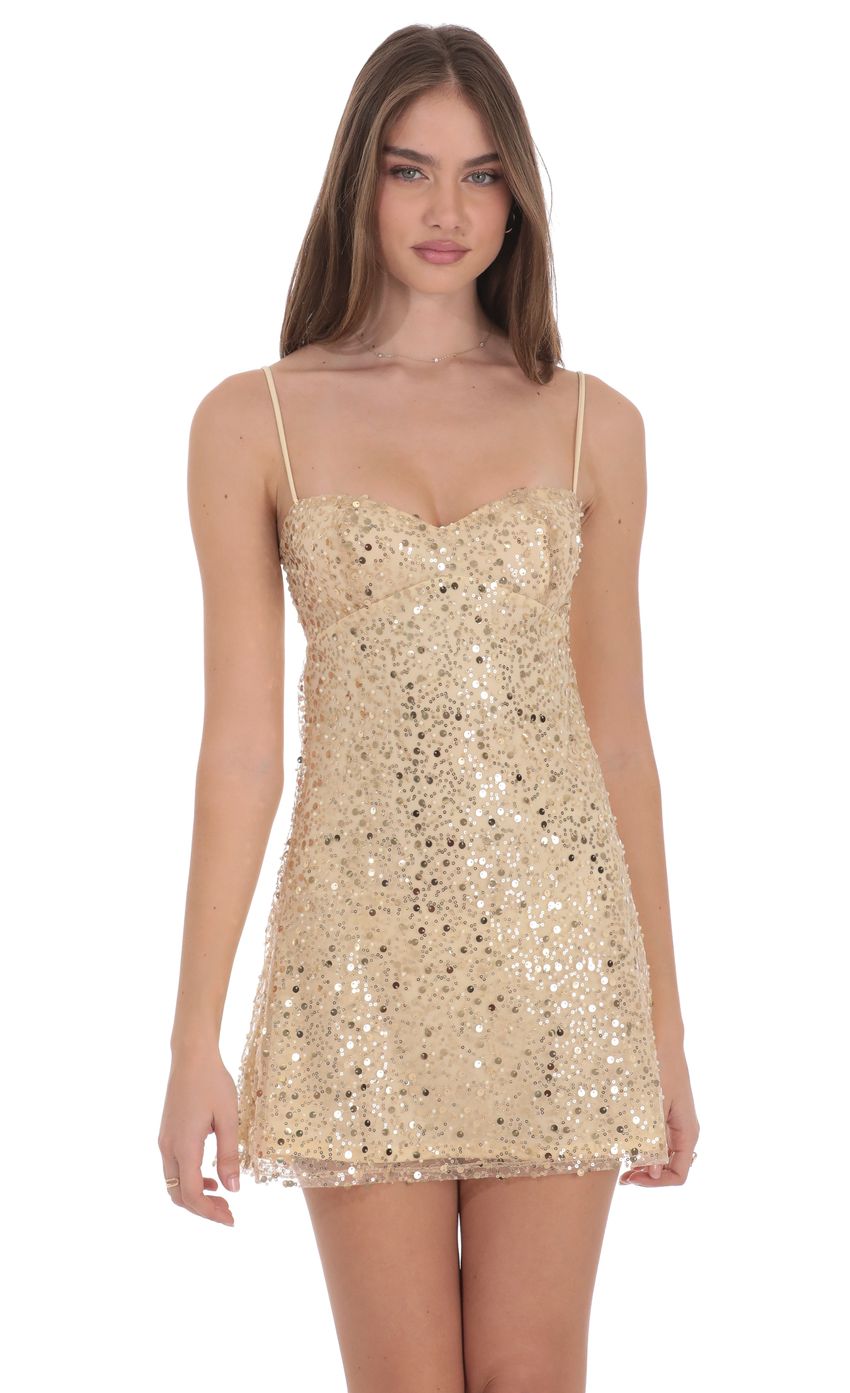 Lucy In The Sky Sequin Beaded Babydoll Dress in Gold