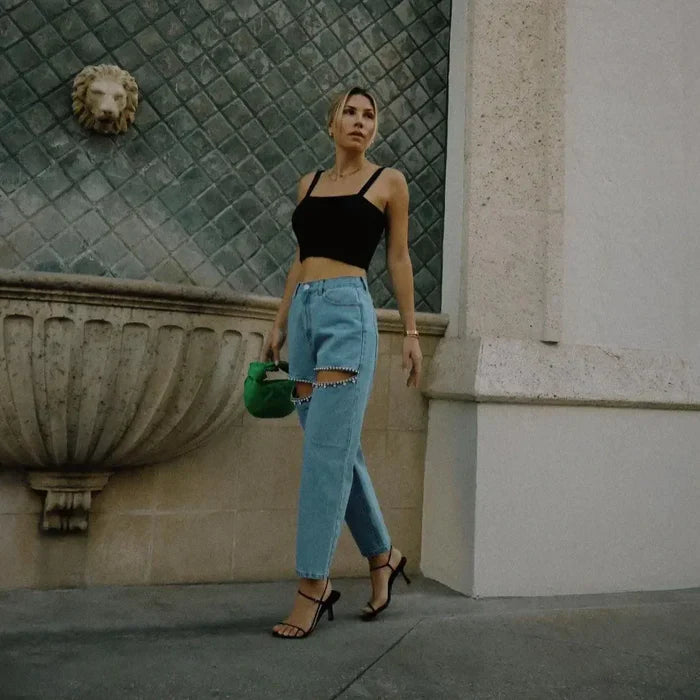 *Disco Darling Embellished Cutout High-Rise Jeans