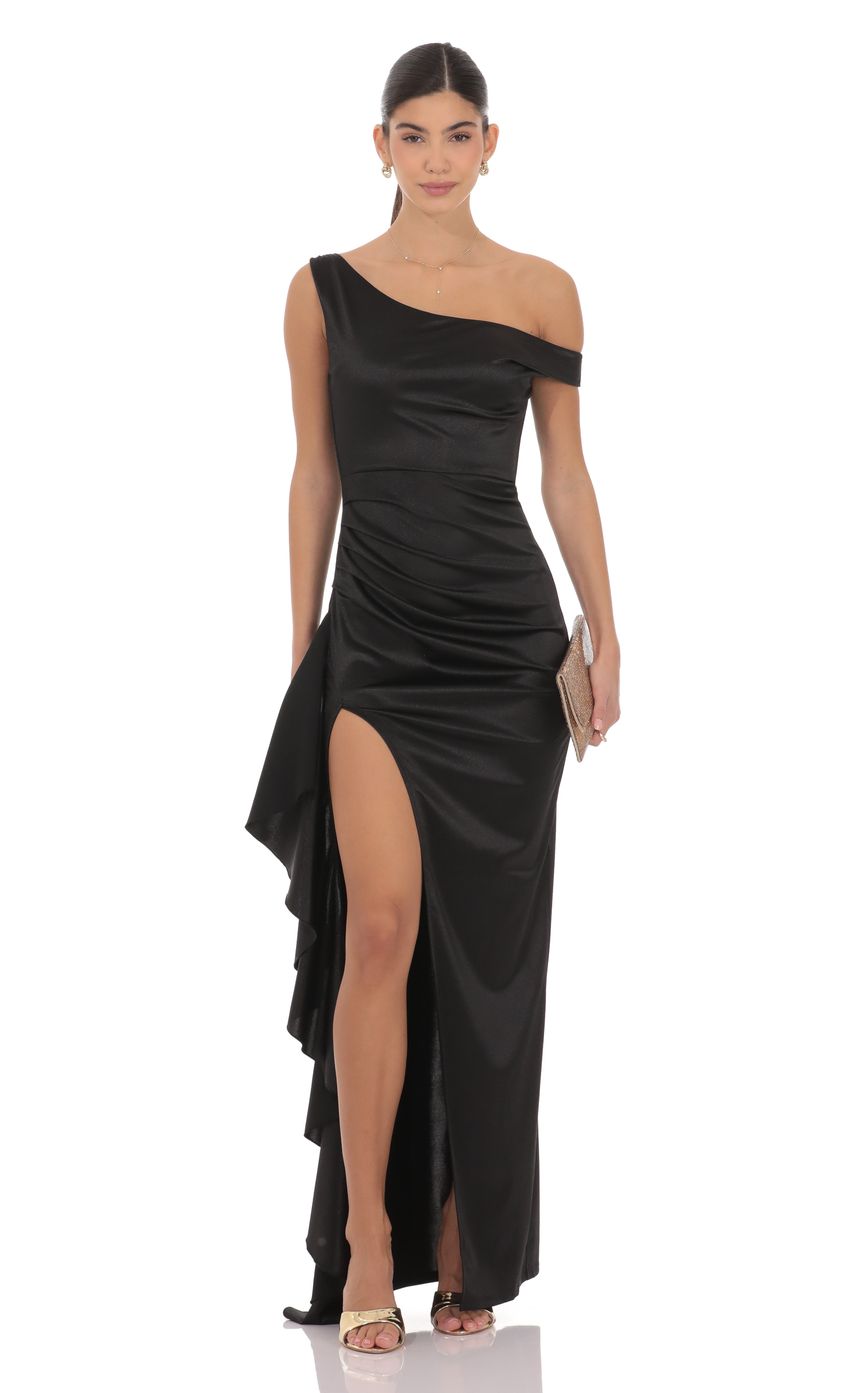 Lucy In The Sky Satin Off Shoulder Maxi Dress in Black