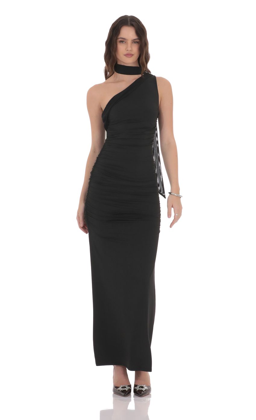 Lucy In The Sky One Shoulder Scarf Wrap Maxi Dress in Black