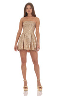 Lucy In The Sky Sequin Strapless Fit and Flare Dress in Gold
