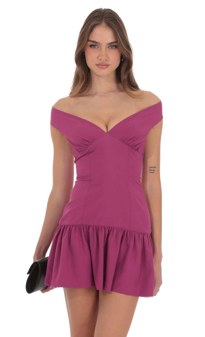 Lucy In The Sky Off Shoulder Drop Waist Dress in Magenta