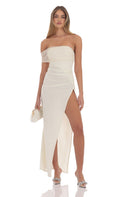 Lucy In The Sky Off Shoulder Tulle Sleeve Maxi Dress in Ivory