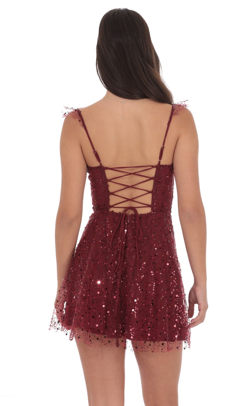 Lucy In The Sky Sequin Ruffle Strap A-Line Dress in Burgundy