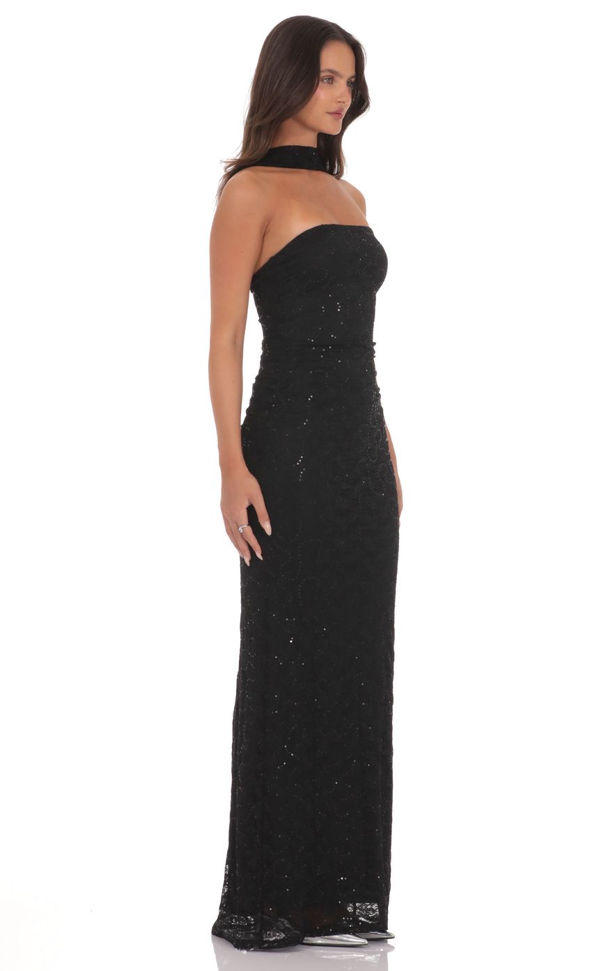 Lucy In The Sky Sequin Scarf Lace Maxi Dress in Black