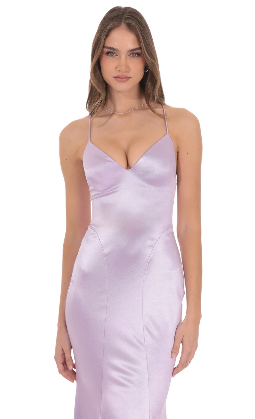 Lucy In The Sky Satin Open Back Mermaid Maxi Dress in Lavender