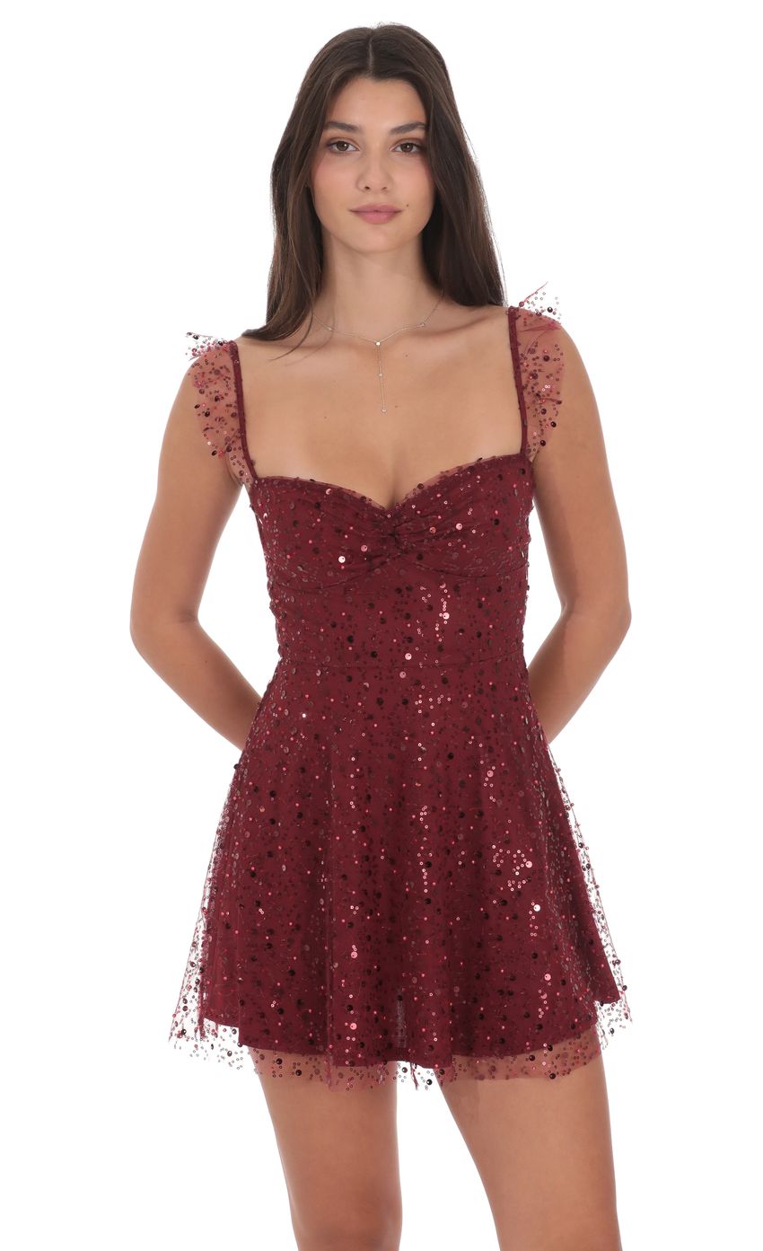 Lucy In The Sky Sequin Ruffle Strap A-Line Dress in Burgundy