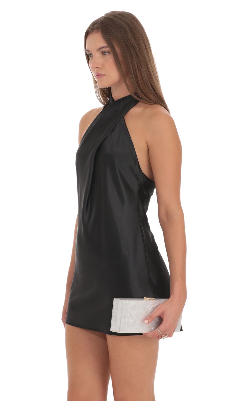 Lucy In The Sky Satin Cross Halter Dress in Black
