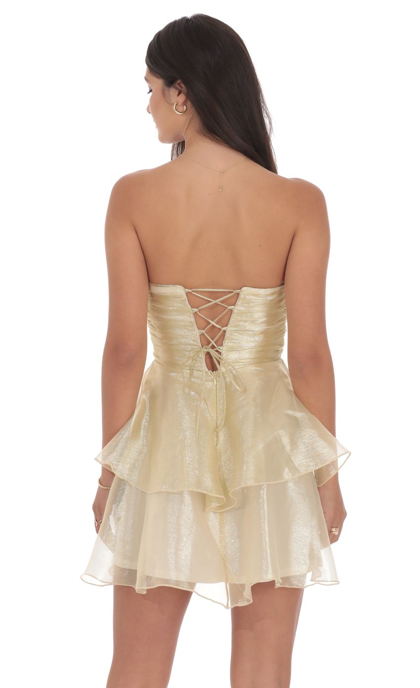 Lucy In The Sky Petal Ruffle Strapless Dress in Gold
