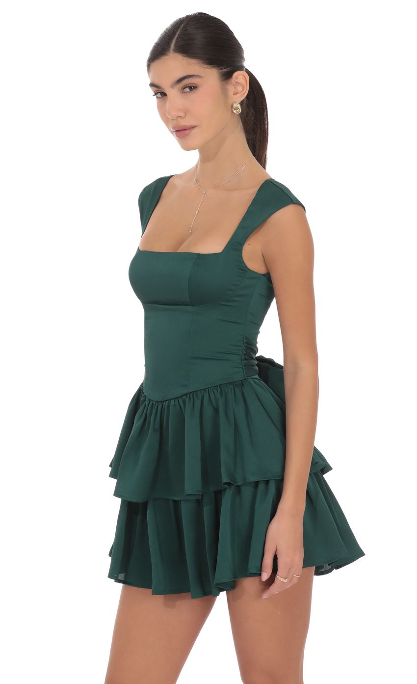 Lucy In The Sky Satin Wide Strap Ruffle Dress in Green