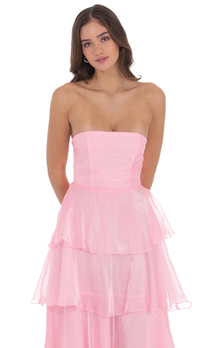 Lucy In The Sky Corset Ruffle Strapless Maxi Dress in Pink