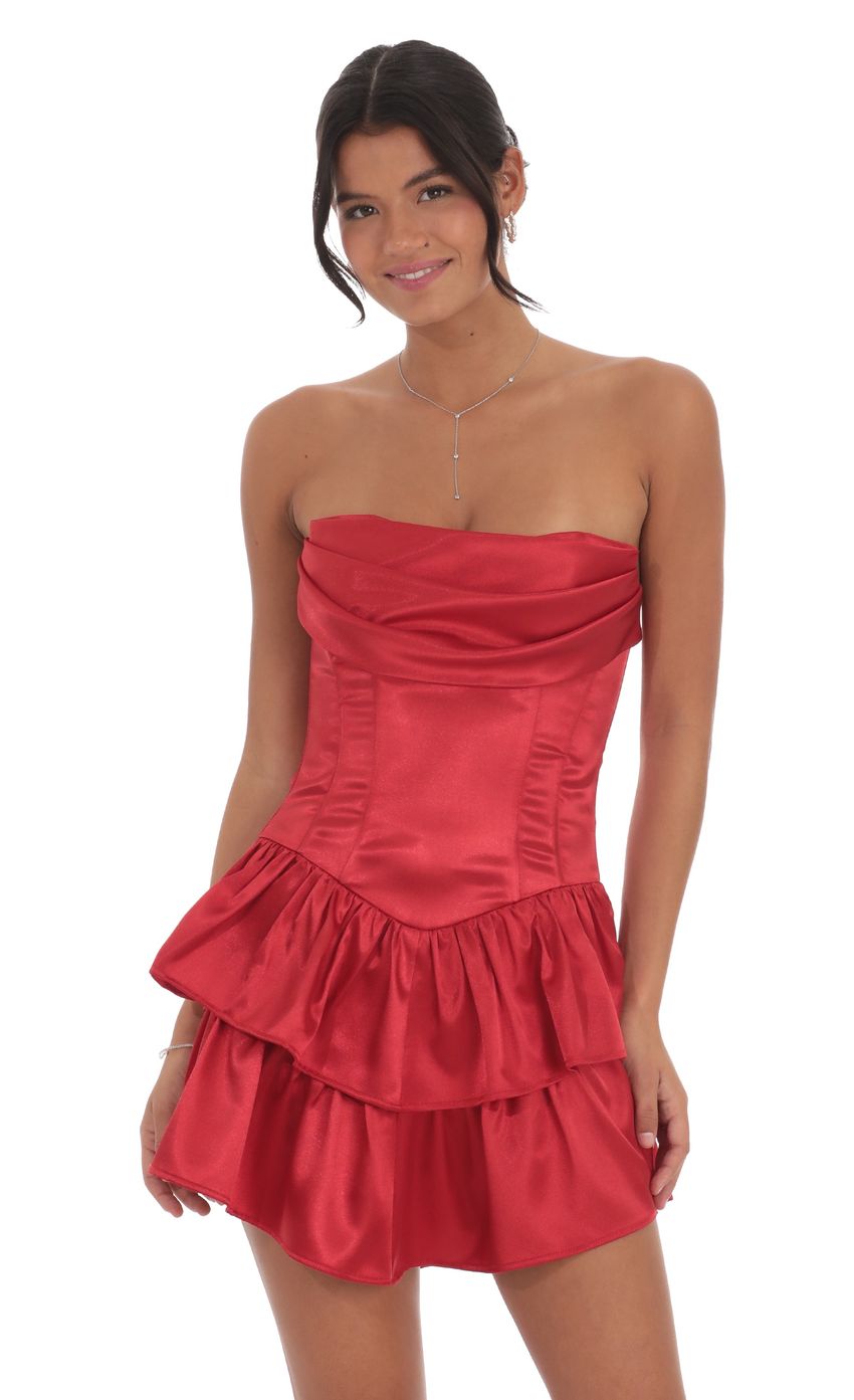 Lucy In The Sky Satin Corset Strapless Dress in Red