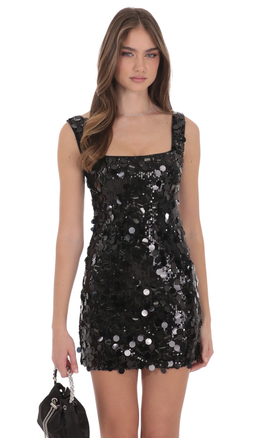 Lucy In The Sky Circle Sequin Square Neck Dress in Black
