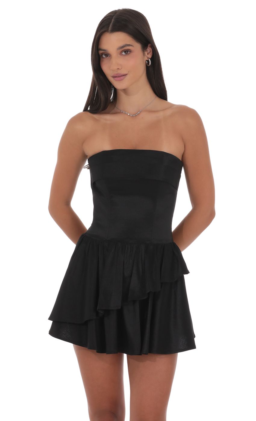Lucy In The Sky Asymmetrical Ruffle Corset Dress in Black
