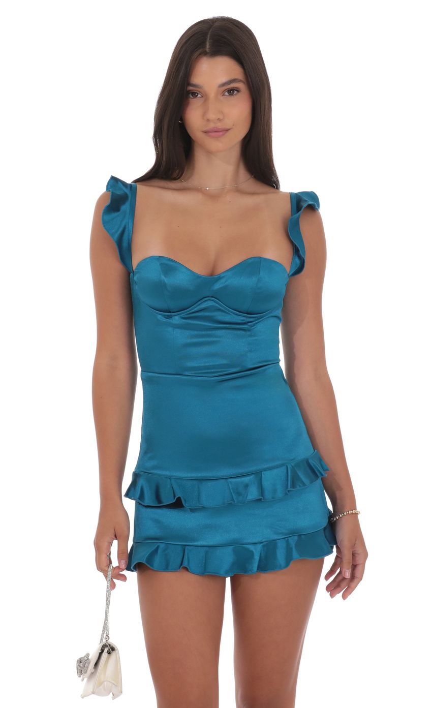 Lucy In The Sky Satin Ruffle Bodycon Dress in Cobalt