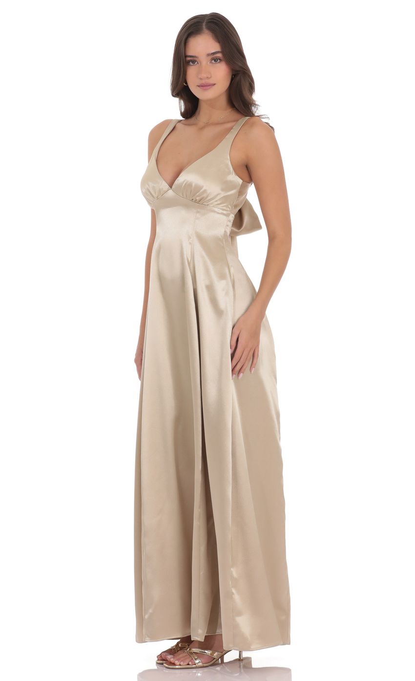 Lucy In The Sky Satin V-Neck Fit and Flare Maxi Dress in Gold