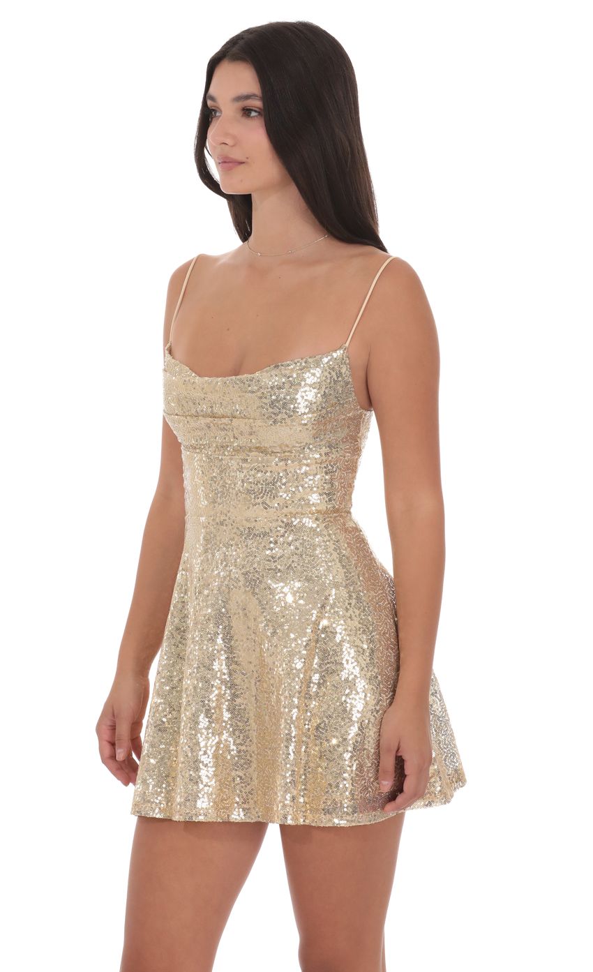 Lucy In The Sky Sequin Cowl Neck Dress in Gold
