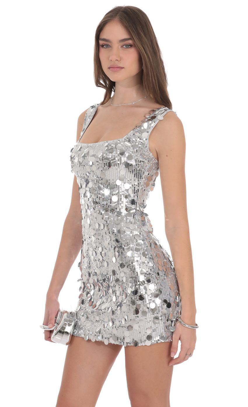 Lucy In The Sky Circle Sequin Square Neck Dress in Silver