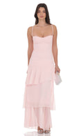 Lucy In The Sky Long Ruffle Maxi Dress in Pastel Pink