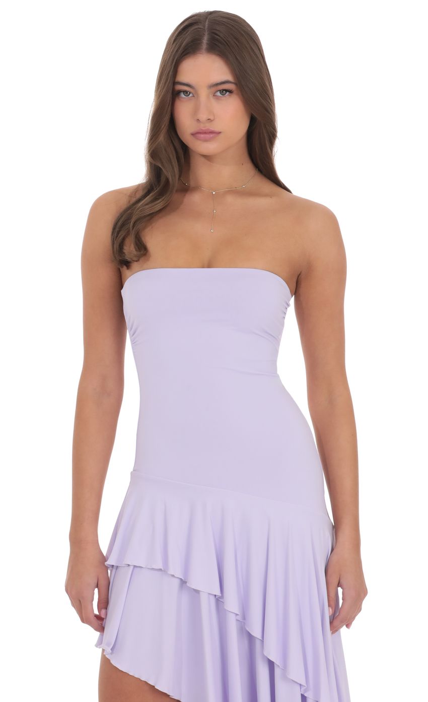 Lucy In The Sky Strapless Ruffle Asymmetrical Maxi Dress in Lavender